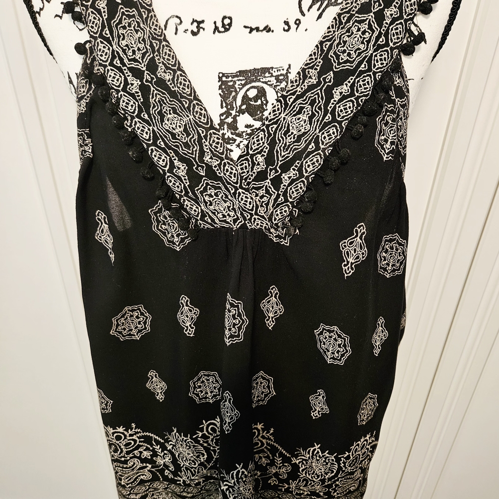 LOFT Black and White Sleeveless Blouse Embellished With Pom Poms